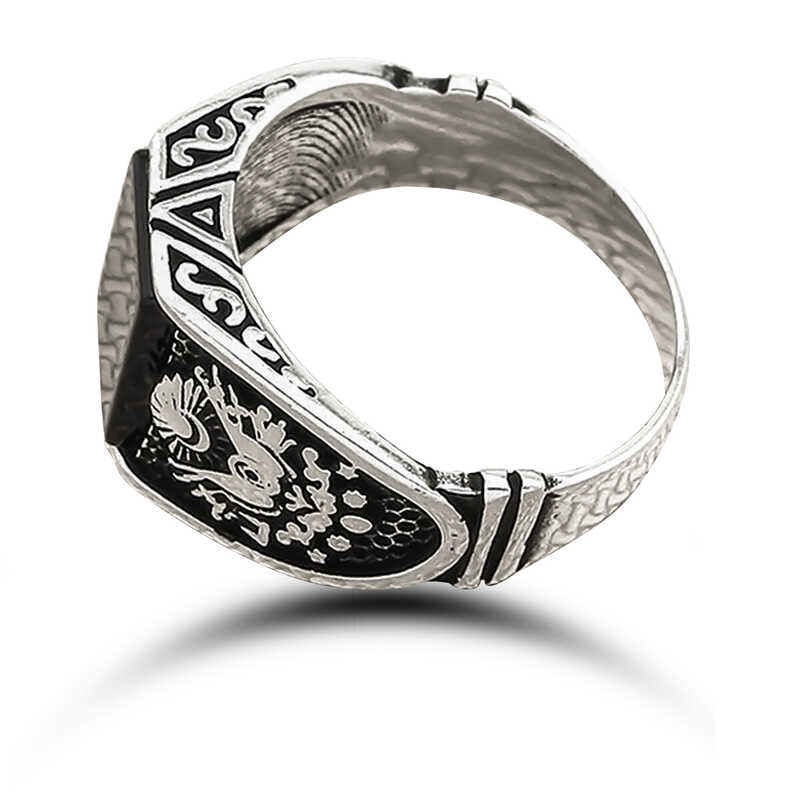 Premium Sterling Silver Onyx Ottoman Coat of Arms Men's Ring