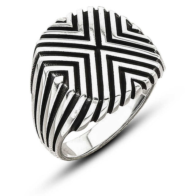 Premium Silver Geometric Pattern Men's Ring