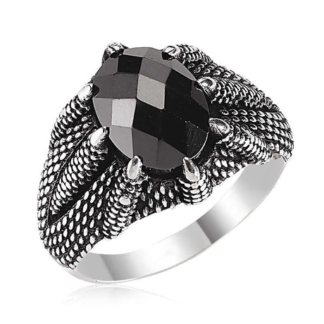 Premium Men's Oxidized Silver Dragon Claw Ring with Faceted Black Gemstone