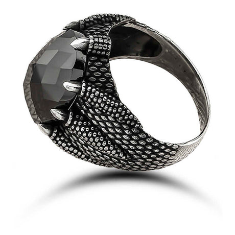 Premium Men's Oxidized Silver Dragon Claw Ring with Faceted Black Gemstone