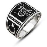 Premium Silver Ottoman Tughra Crescent Star Men Ring