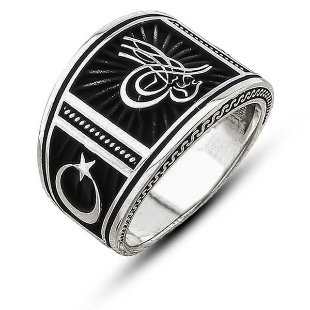 Premium Silver Ottoman Tughra Crescent Star Men Ring