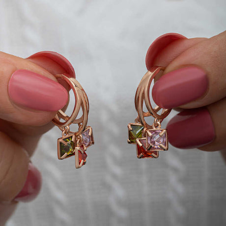 Rose Gold Tone Hoop Earrings - Mixed Square Gemstone Dangle Charms
