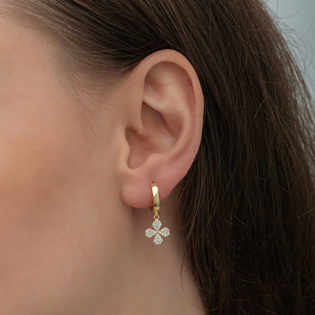 Gold-Plated Silver Clover Dangle Earrings - Sparkling Pave Stones