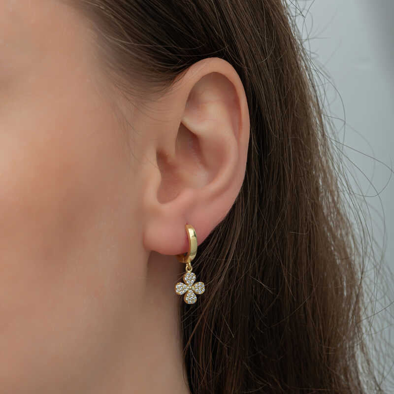Gold-Plated Silver Clover Dangle Earrings - Sparkling Pave Stones