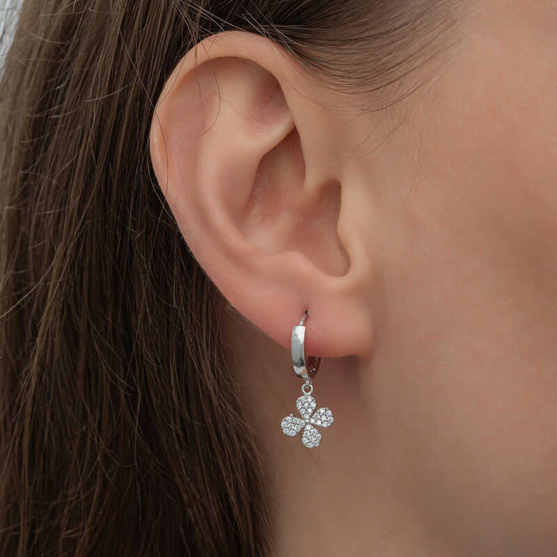 Sterling Silver Sparkling Clover Charm Dangle Hoop Earrings