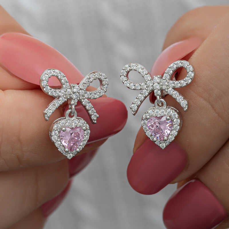 Silver-Tone Bow & Pink Heart Dangle Stud Earrings with Zirconia