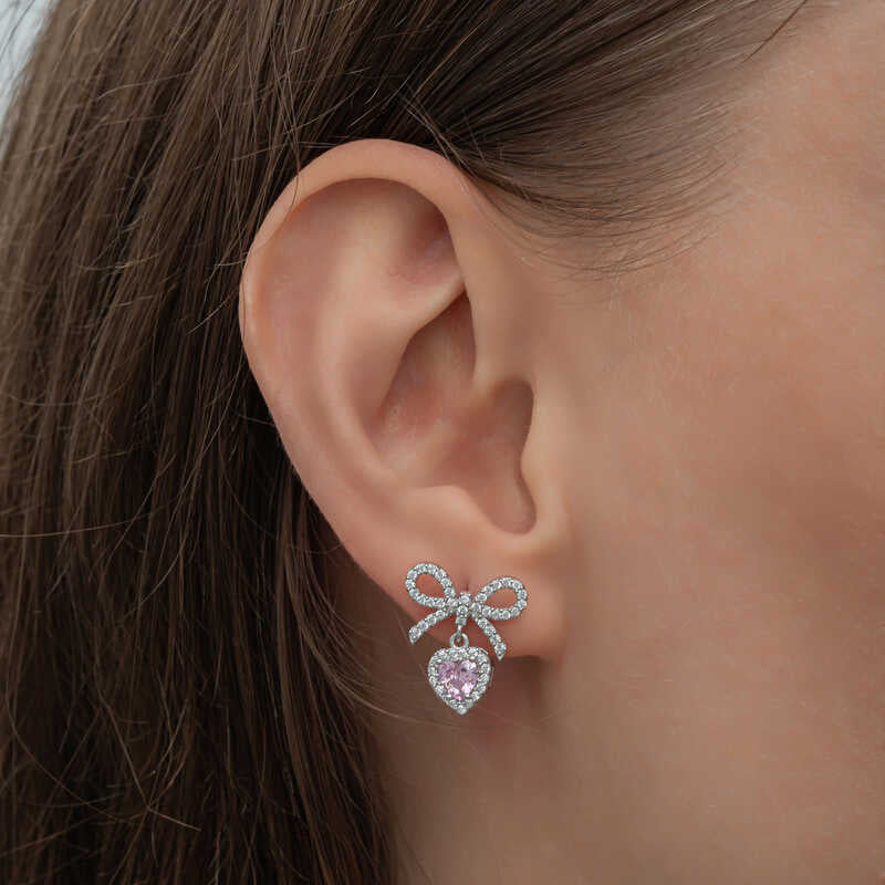Silver-Tone Bow & Pink Heart Dangle Stud Earrings with Zirconia