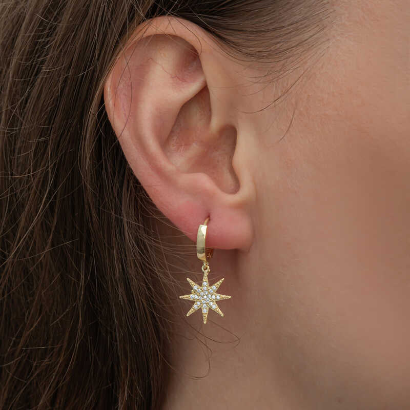 Hoop Drop Earrings - Gold-Tone Zircon North Star Dangle