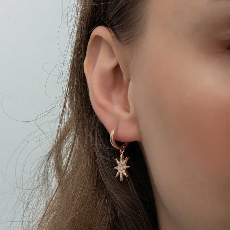 Rose Gold Plated Sterling Silver North Star Dangle Earrings - Cubic Zirconia