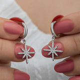 Sterling Silver Dangle Hoop Earrings - Celestial North Star Sparkle