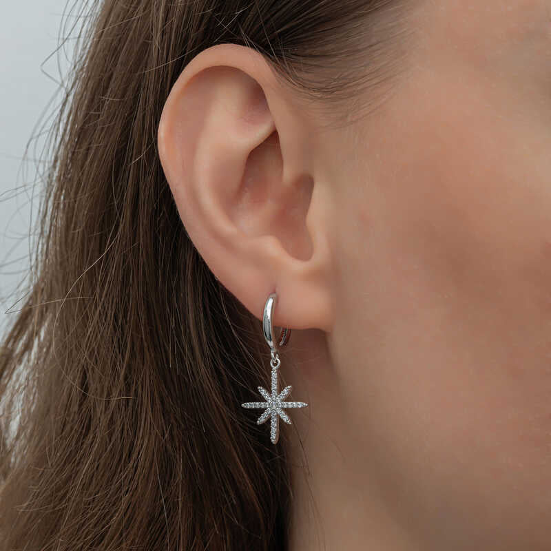 Sterling Silver Dangle Hoop Earrings - Celestial North Star Sparkle