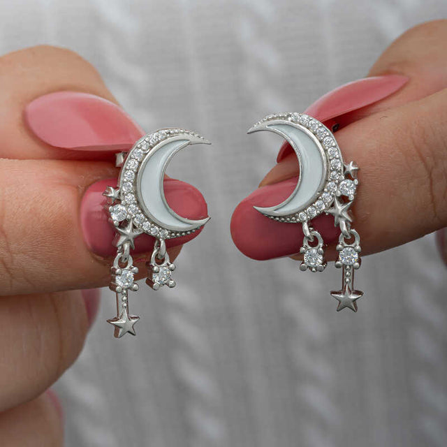 Stud Earrings - Sterling Silver Celestial Moon & Star Dangle