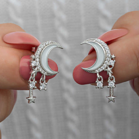 Stud Earrings - Sterling Silver Celestial Moon & Star Dangle