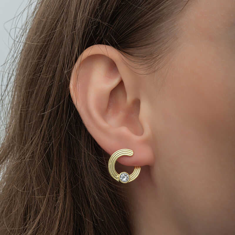 Gold-Plated Solitaire Crescent Stud Earrings with Dazzling Zirconia