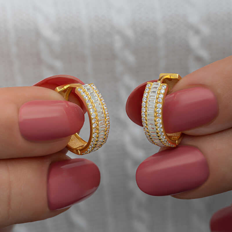 Gold-Tone Baguette & Pave Clear Stone Hoop Earrings