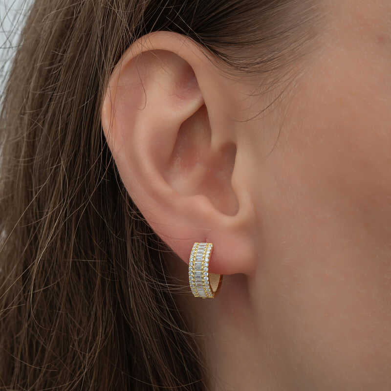 Gold-Tone Baguette & Pave Clear Stone Hoop Earrings
