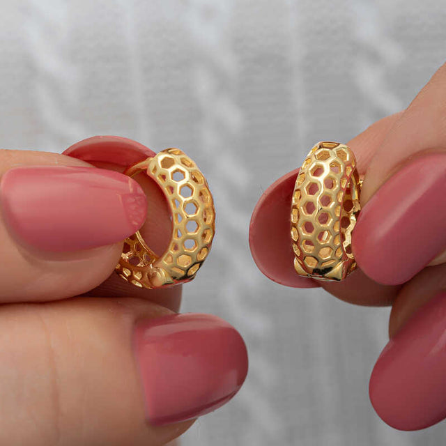 Hoop Earrings - Gold-Plated Sterling Silver Honeycomb Design