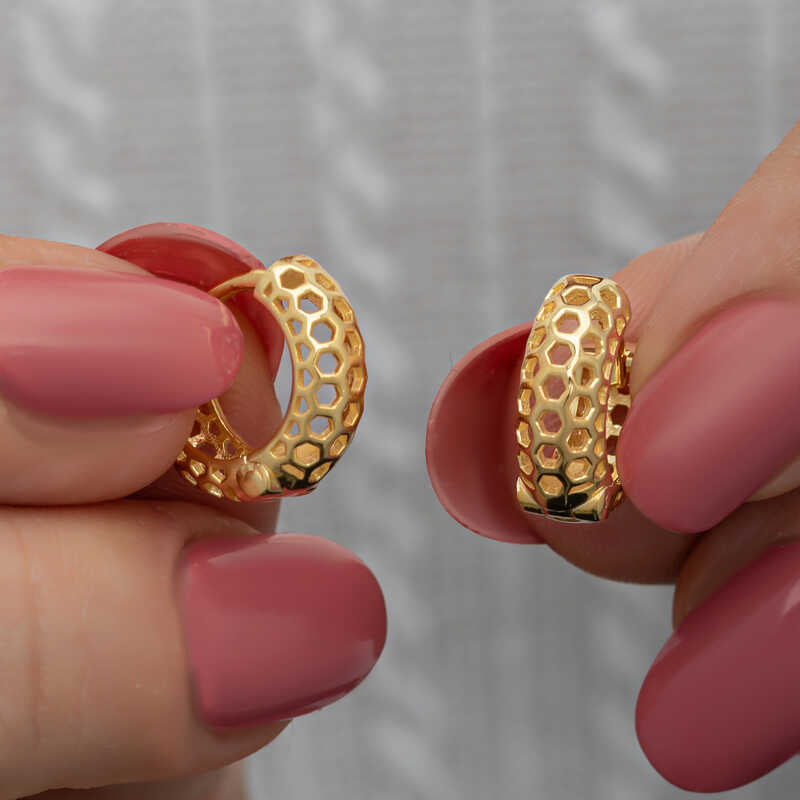 Hoop Earrings - Gold-Plated Sterling Silver Honeycomb Design