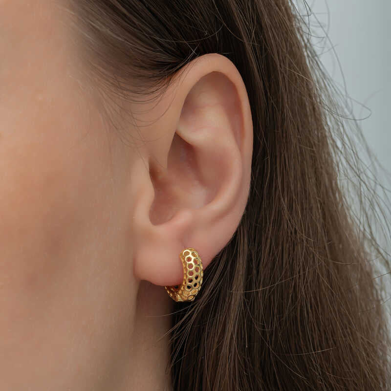 Hoop Earrings - Gold-Plated Sterling Silver Honeycomb Design