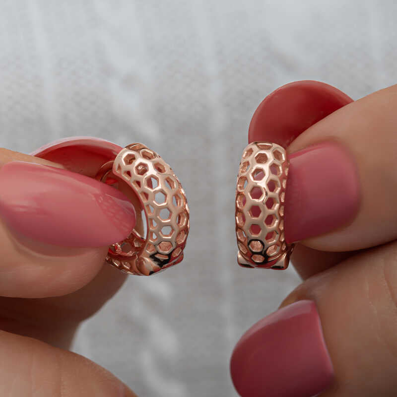 Hoop Earrings - Rose Gold Tone Honeycomb Hexagonal Design