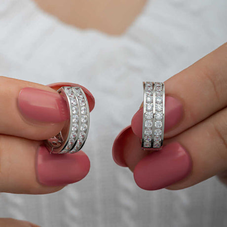 Sterling Silver Hoop Earrings - Dazzling Channel Set Clear Stones