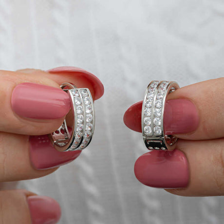 Sterling Silver Hoop Earrings - Dazzling Channel Set Clear Stones