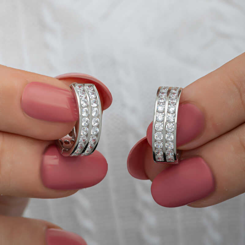 Sterling Silver Hoop Earrings - Dazzling Channel Set Clear Stones