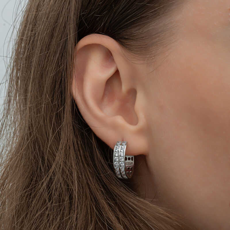 Sterling Silver Hoop Earrings - Dazzling Channel Set Clear Stones