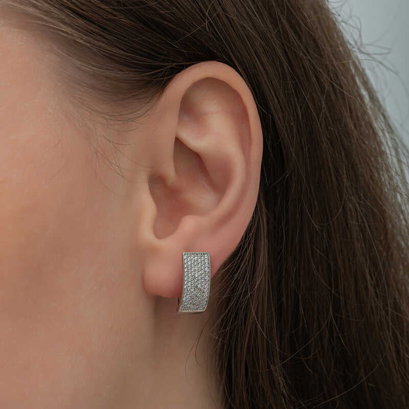 Sterling Silver J-Hoop Earrings - Pave Cubic Zirconia