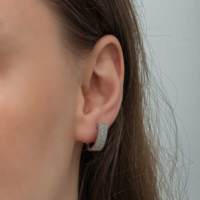 Sterling Silver J-Hoop Earrings - Pave Cubic Zirconia