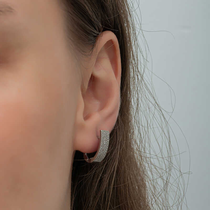 Sterling Silver J-Hoop Earrings - Pave Cubic Zirconia