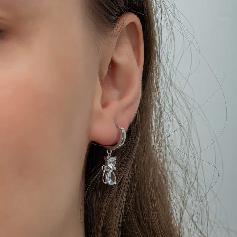 Dangle Earrings - Sterling Silver Sparkling Zirconia Cat Design