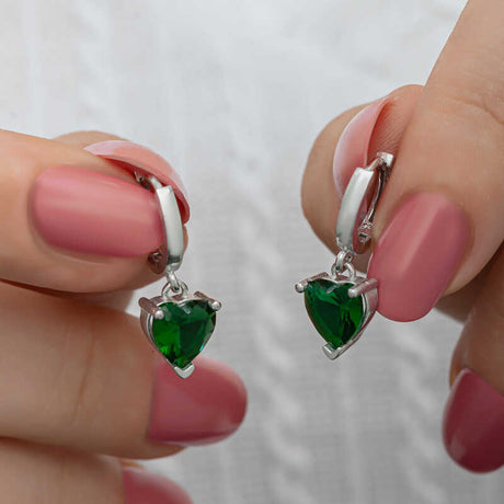 Sterling Silver Green Heart Drop Earrings - Elegant Dangle Style