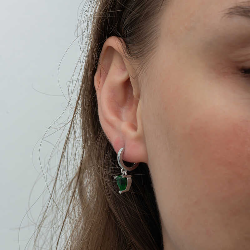 Sterling Silver Green Heart Drop Earrings - Elegant Dangle Style