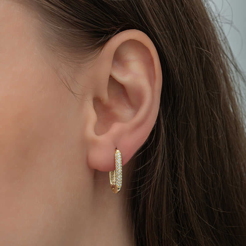 Gold-Tone Oval Hoop Earrings - Double Row Pave Zirconia