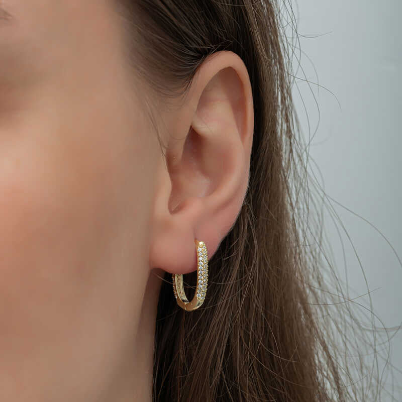 Gold-Tone Oval Hoop Earrings - Double Row Pave Zirconia