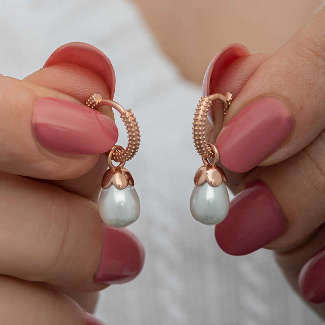 Dangle Hoop Earrings - Rose Gold Plated Silver with Teardrop Pearl