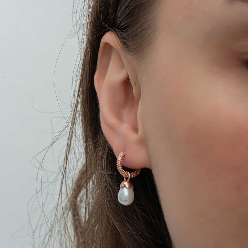 Dangle Hoop Earrings - Rose Gold Plated Silver with Teardrop Pearl