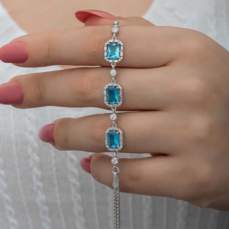 Sterling Silver Bracelet - Elegant Emerald Cut Aqua Blue Gemstone