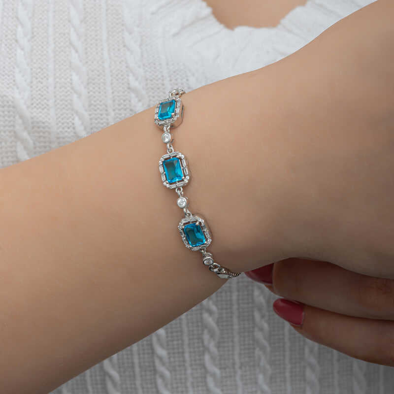 Sterling Silver Bracelet - Elegant Emerald Cut Aqua Blue Gemstone