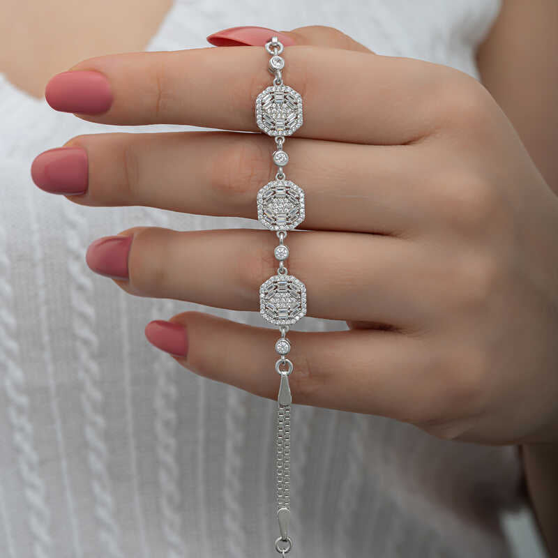 纯银手链 - 闪耀长方形与圆形切割宝石设计