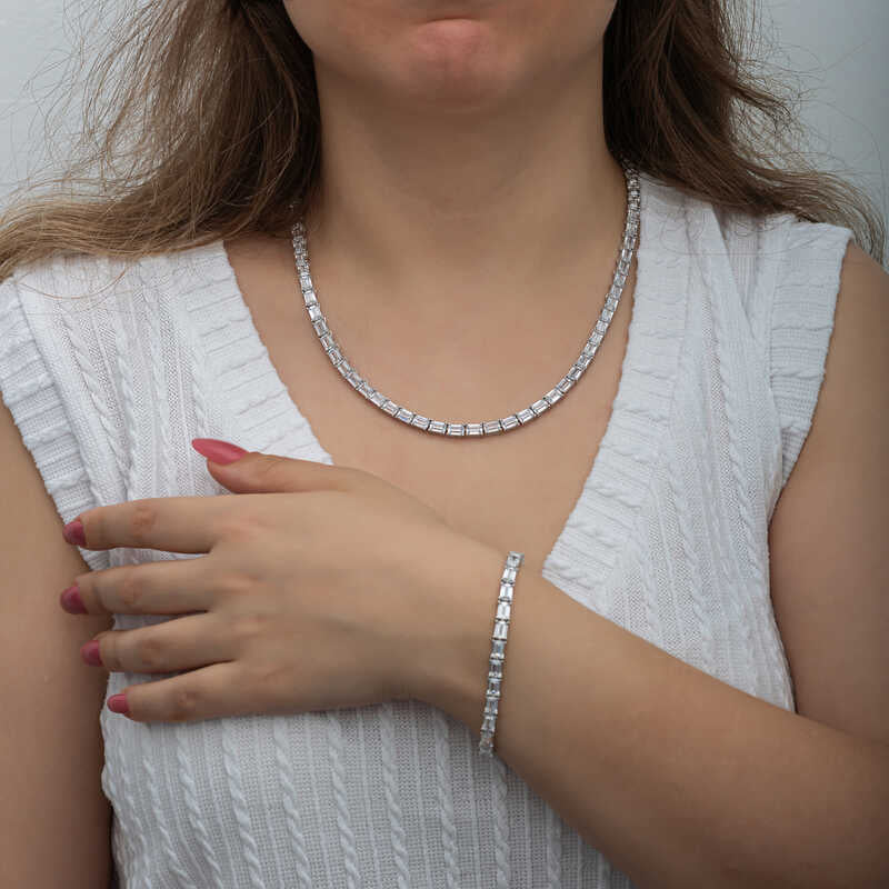 Ensemble Collier et Bracelet Style Tennis Coupe Baguette Étincelante