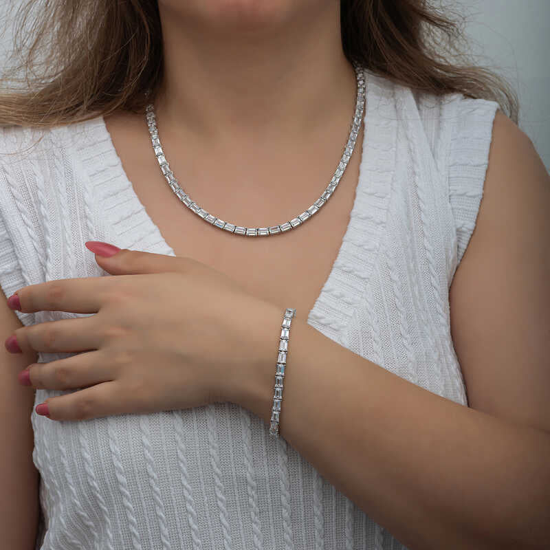 Ensemble Collier et Bracelet Style Tennis Coupe Baguette Étincelante