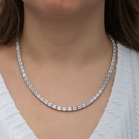 Necklace - Silver-Tone Emerald Cut White Stone Tennis Chain