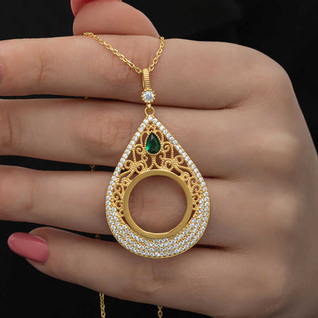 Necklace - Gold Plated Silver Teardrop Coin Frame with Zirconia & Emerald