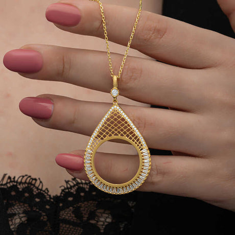 Gold-Plated Sterling Silver Teardrop Necklace - Zirconia Coin Holder
