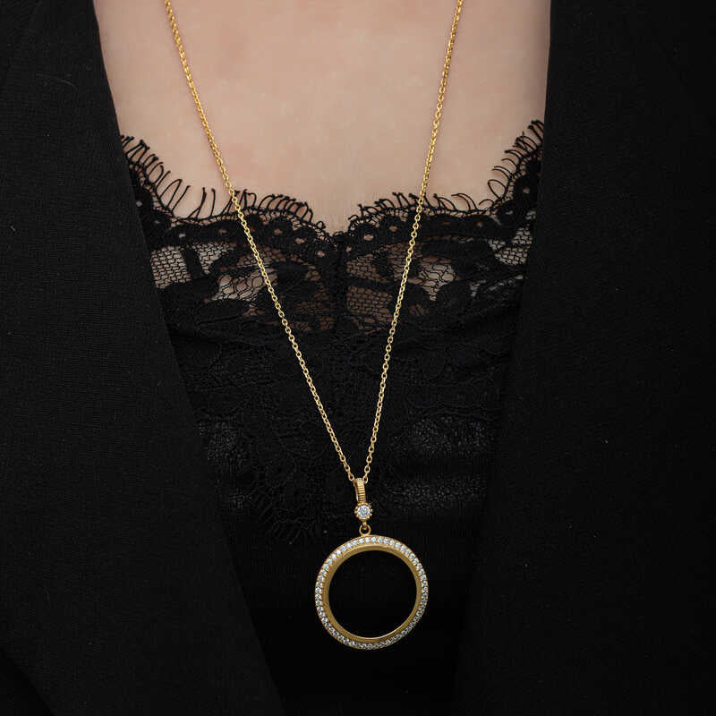 Necklace - Gold Plated Silver Pave Round Frame Pendant