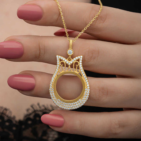 Gold Plated Tulip Coin Holder Necklace - Sparkling CZ Accents