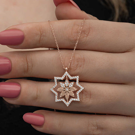 Necklace - Rose Gold Plated Silver Dazzling Snowflake Pendant